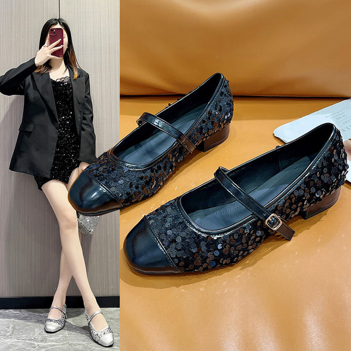 Sequin Mary Jane Low Heel Pumps