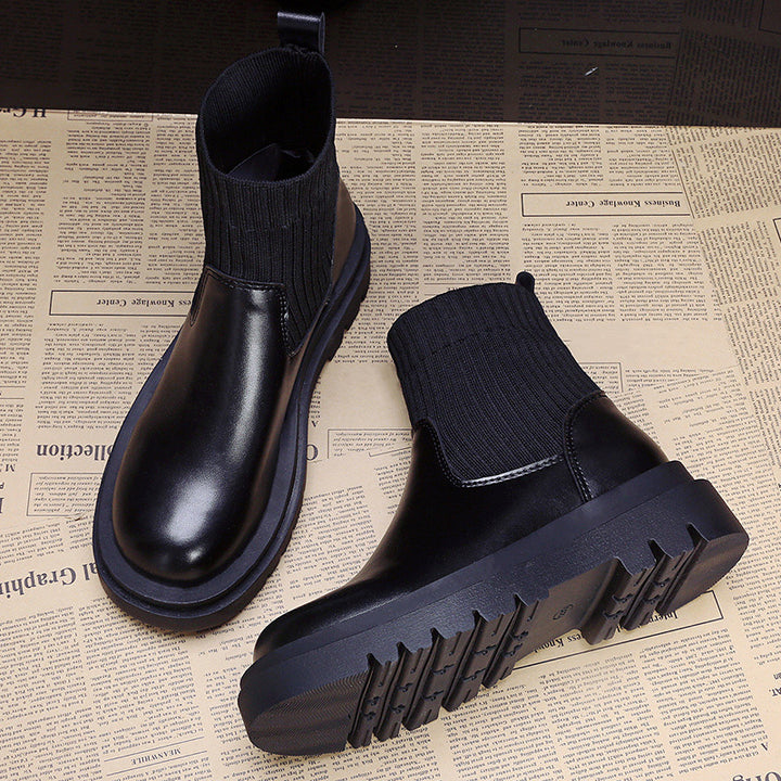 Knitted patchwork platform ankle boots