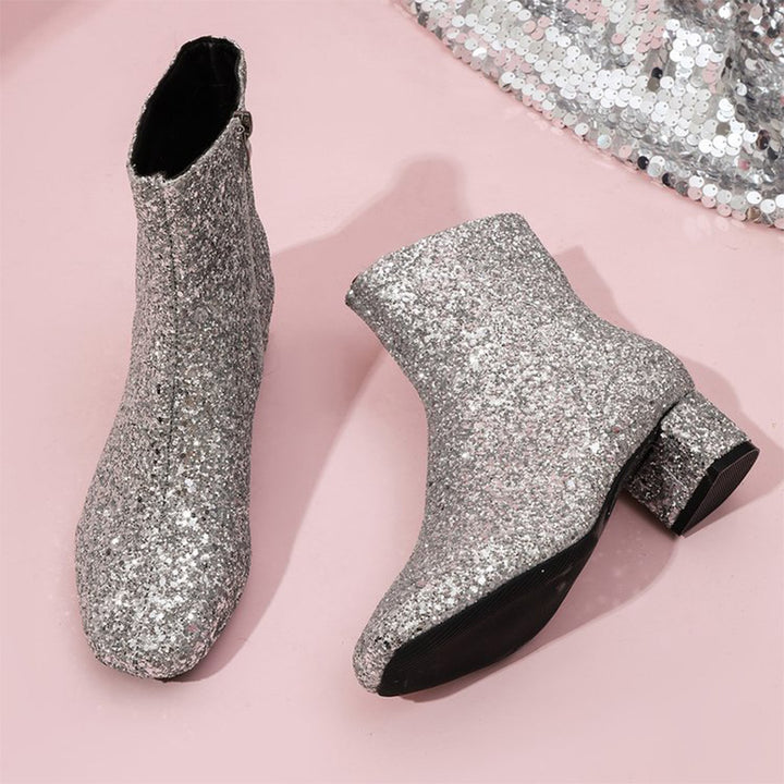 Sparkling Glitter Block Heel Ankle Boots