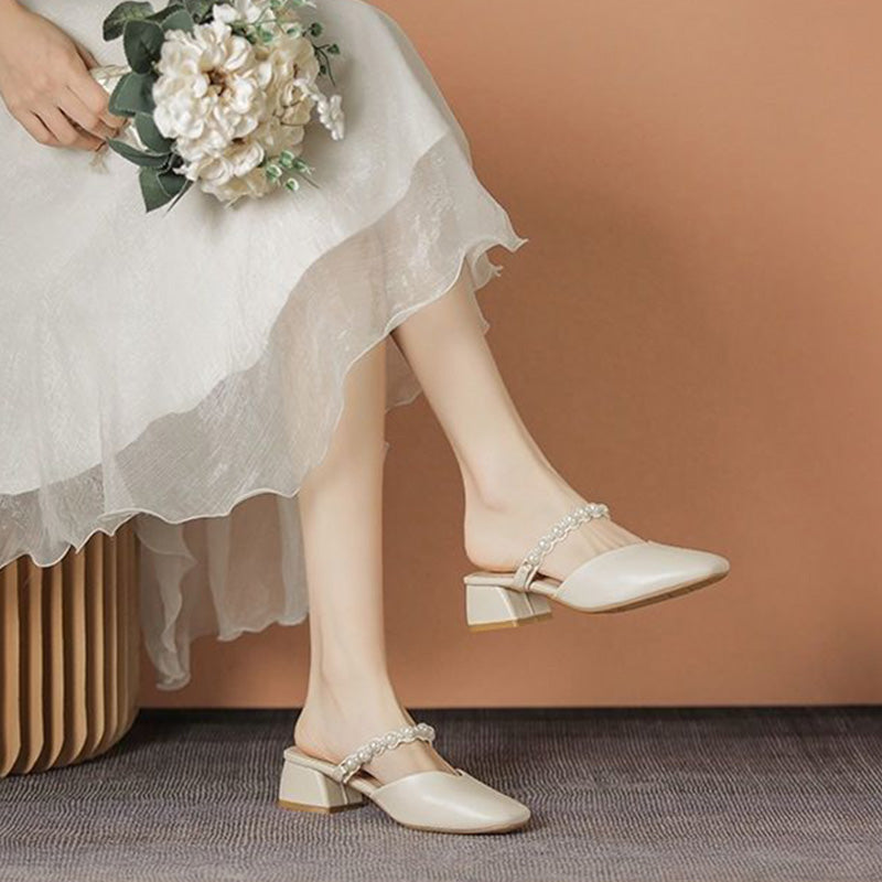 Pearl Strap Block Heel Mules