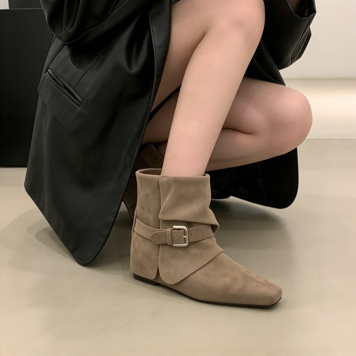 Buckle Strap Suede Ankle Boots