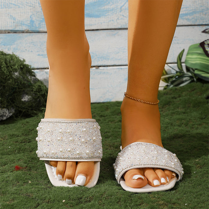 Pearl Rhinestone Embellished Flat Slides