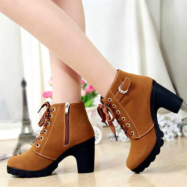 Lace-Up Chunky Heel Ankle Boots