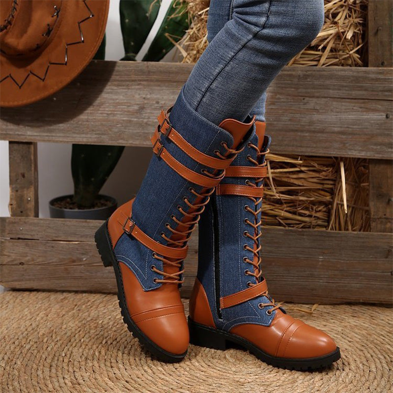 Vintage Denim Lace-Up Knee High Boots