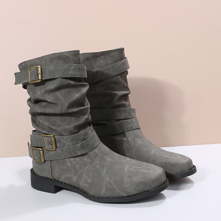Vintage Buckle Mid-Calf Boots