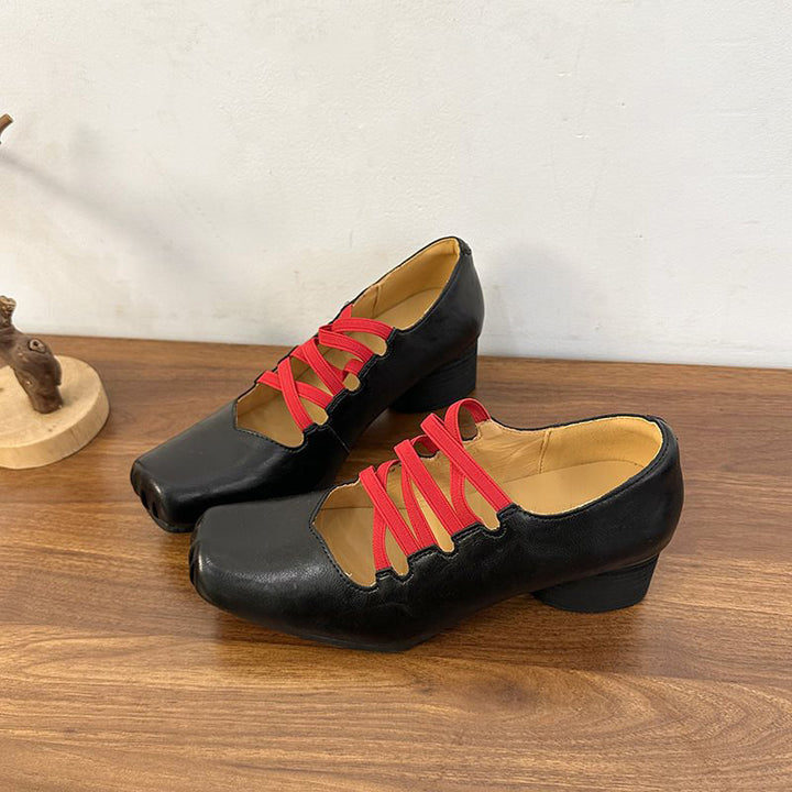 Vintage Lace-Up Square Toe Block Heel Pumps