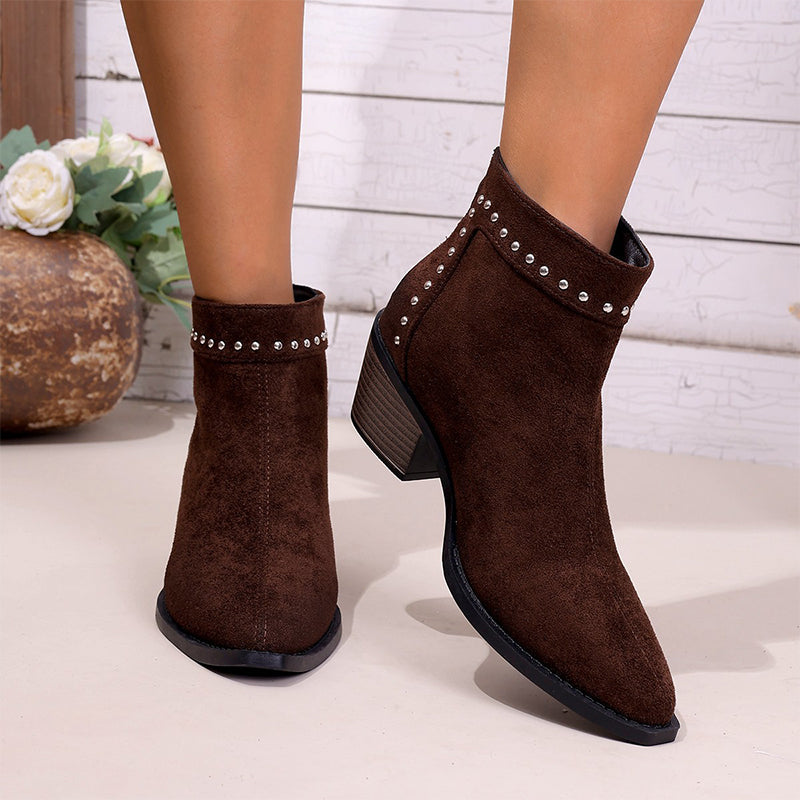 Studded Suede Block Heel Ankle Boots