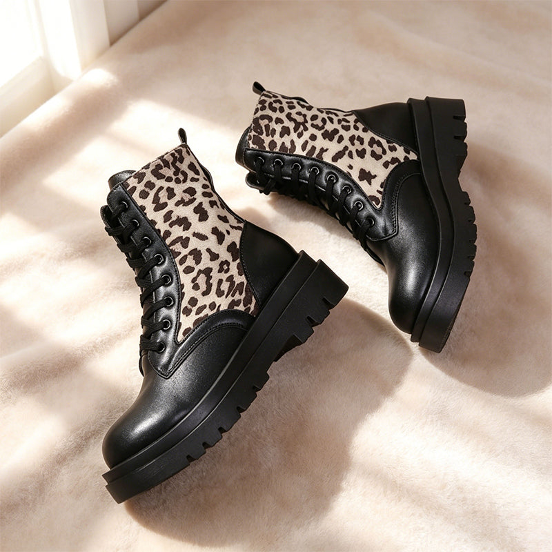 Leopard Print Lace-Up Platform Ankle Boots