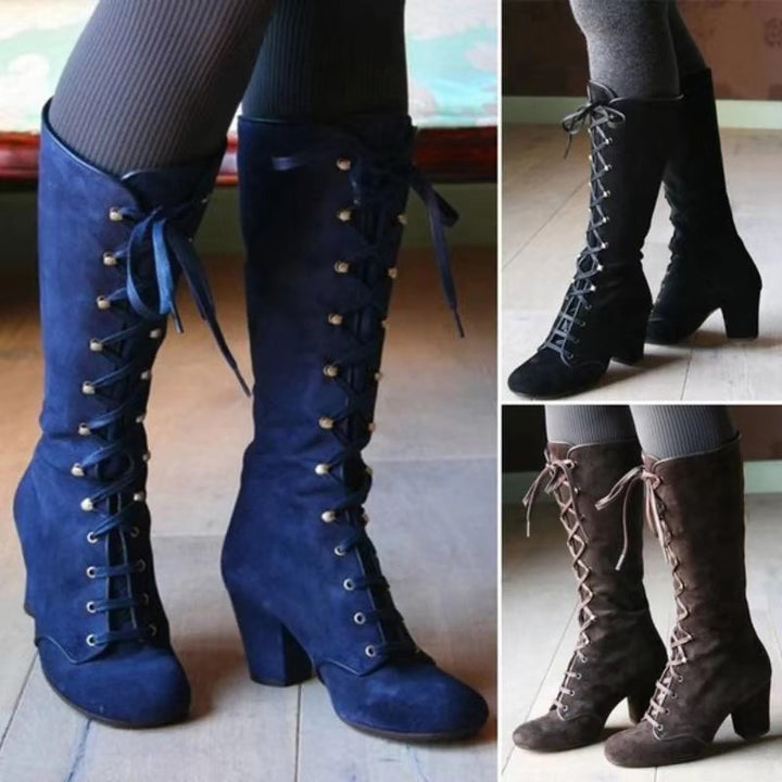 Vintage Lace-Up Suede Knee-High Boots
