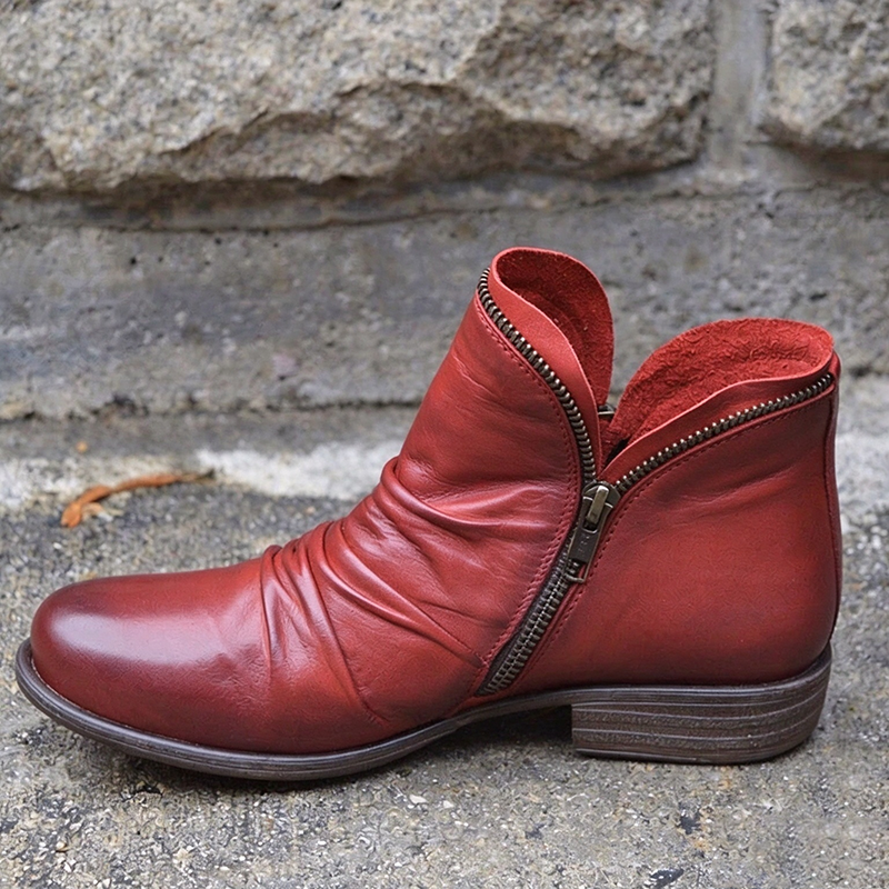 Side-zip ruched low-heel vintage ankle boots