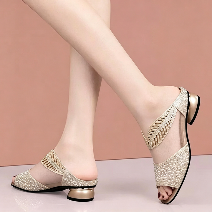 Crystal Leaf Low Heel Sandals