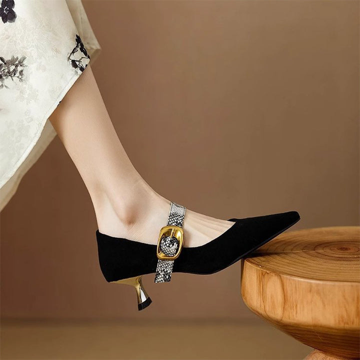 Snakeskin Buckle Pointed Toe Mule Heels