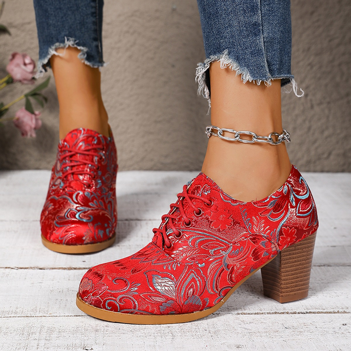 Floral Brocade Lace-Up Block Heel Pumps