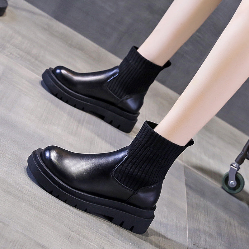 Knitted patchwork platform ankle boots