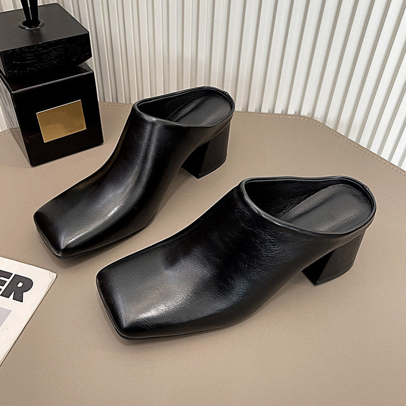 Square Toe Block Heel Mule Shoes