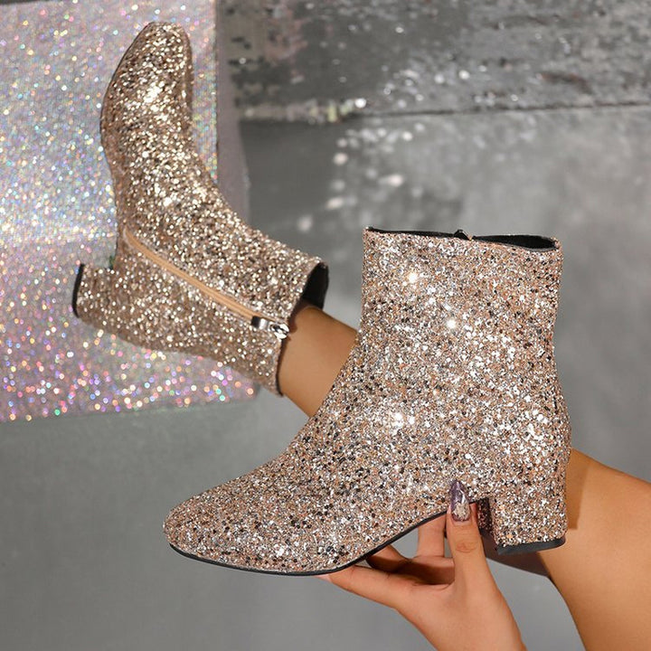 Sparkling Glitter Block Heel Ankle Boots