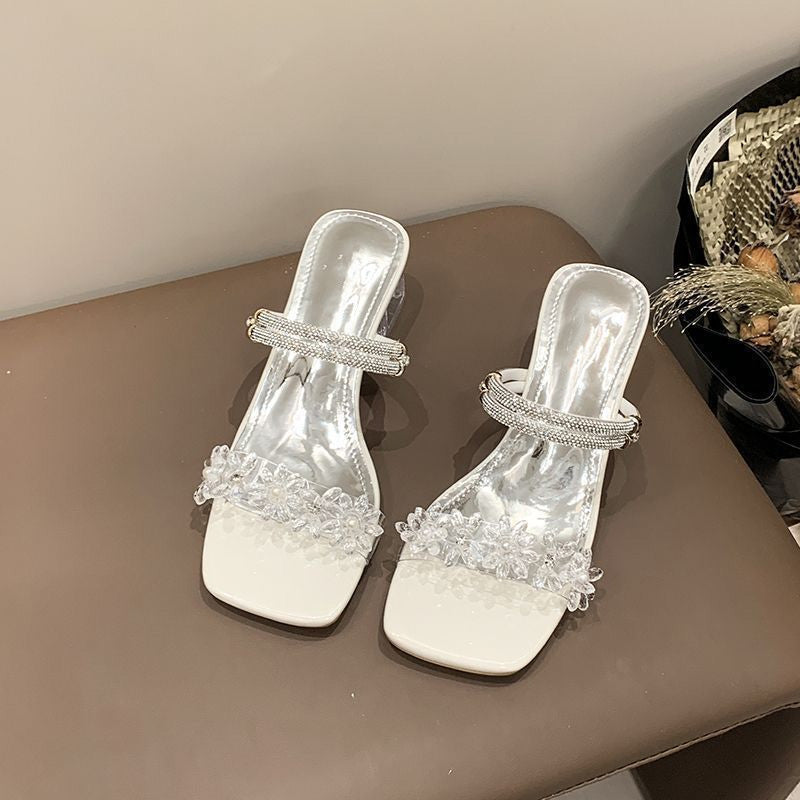 Crystal Floral Low Heel Sandals