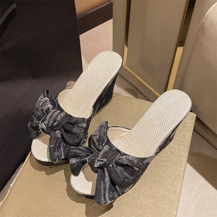 Denim Bow Wedge Slides