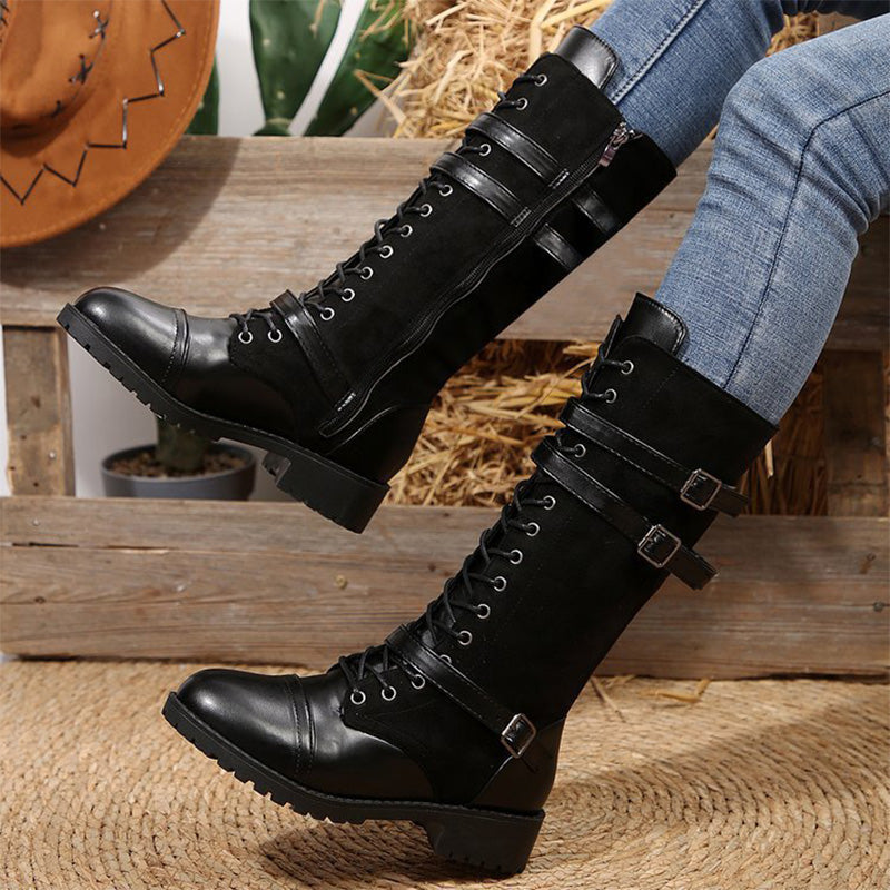 Vintage Denim Lace-Up Knee High Boots