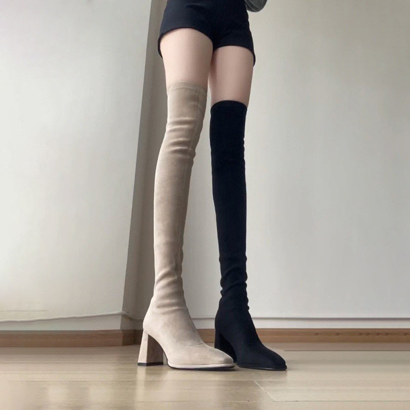 Elegant Suede Over-the-Knee Block Heel Boots