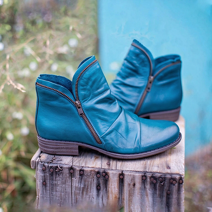 Side-zip ruched low-heel vintage ankle boots