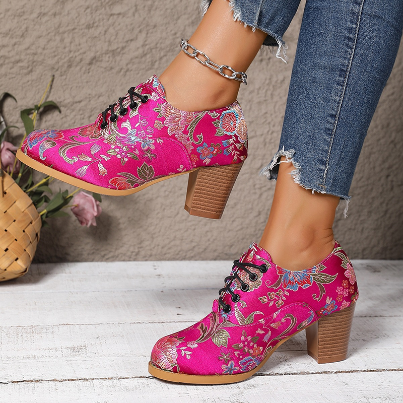 Floral Brocade Lace-Up Block Heel Pumps