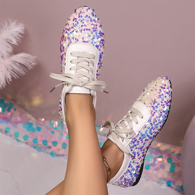 Sparkling Sequin Lace-Up Flat Shoes