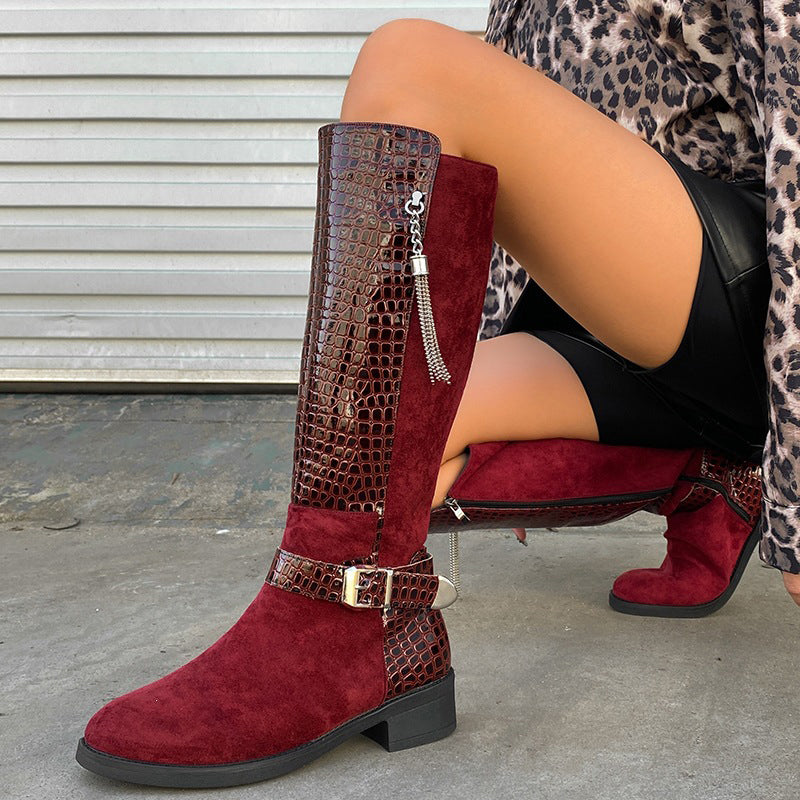Vintage Buckle Patchwork Knee-High Boots