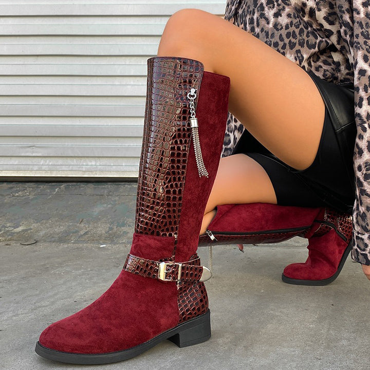 Vintage Buckle Patchwork Knee-High Boots
