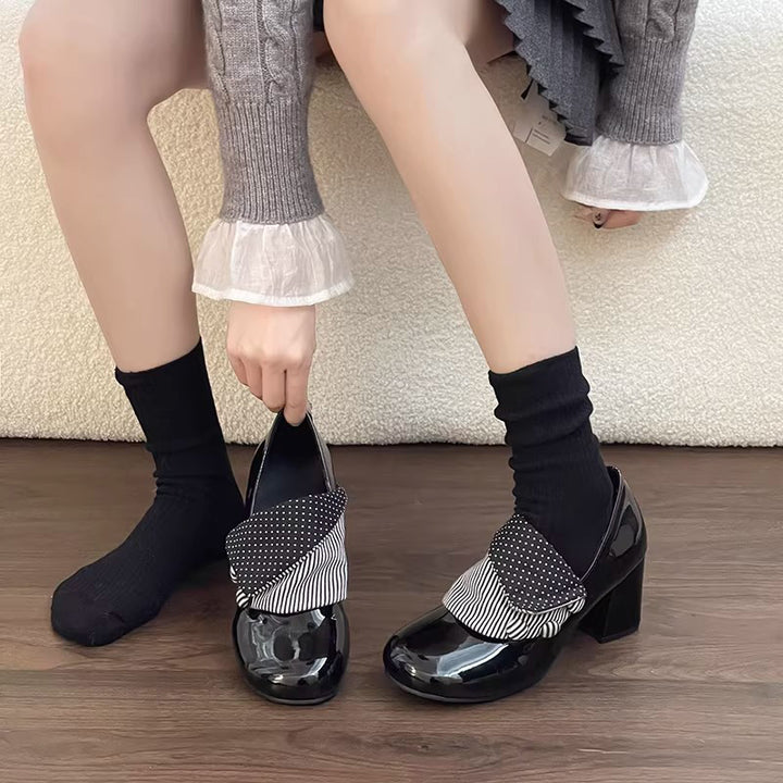 Bow Detail Patent Block Heel Pumps