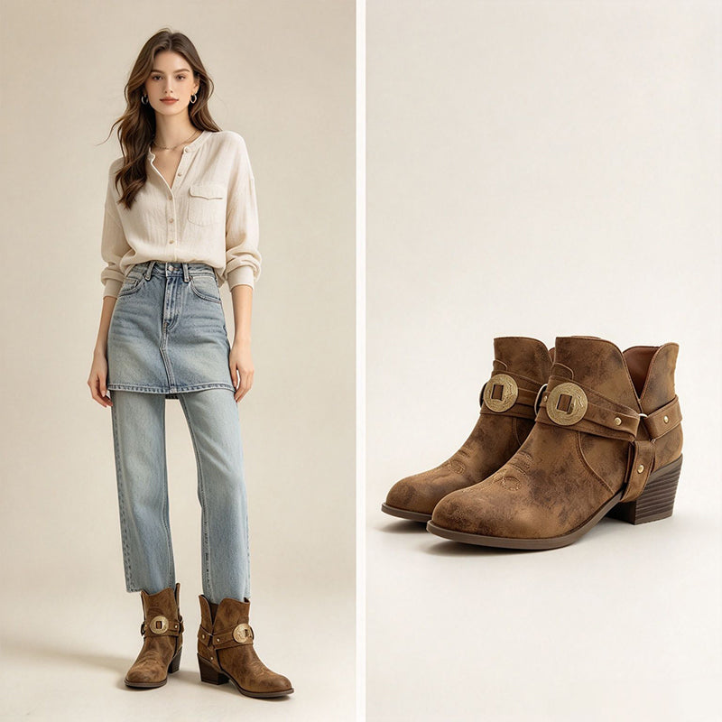 Vintage Buckle Western Ankle Boots