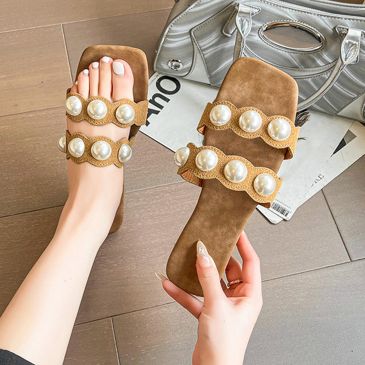 Pearl Embellished Double Strap Flat Sandals