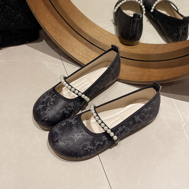 Pearl Strap Jacquard Mary Jane Flats