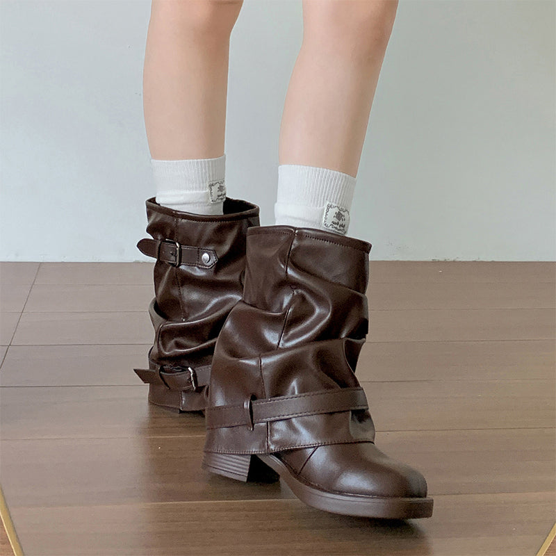 Vintage Buckle Slouchy Mid-Calf Boots