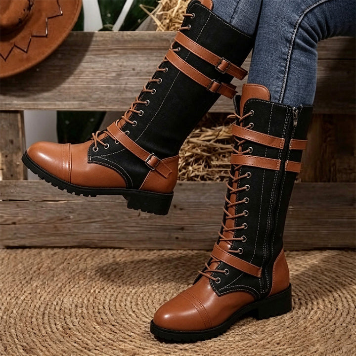 Vintage Denim Lace-Up Knee High Boots