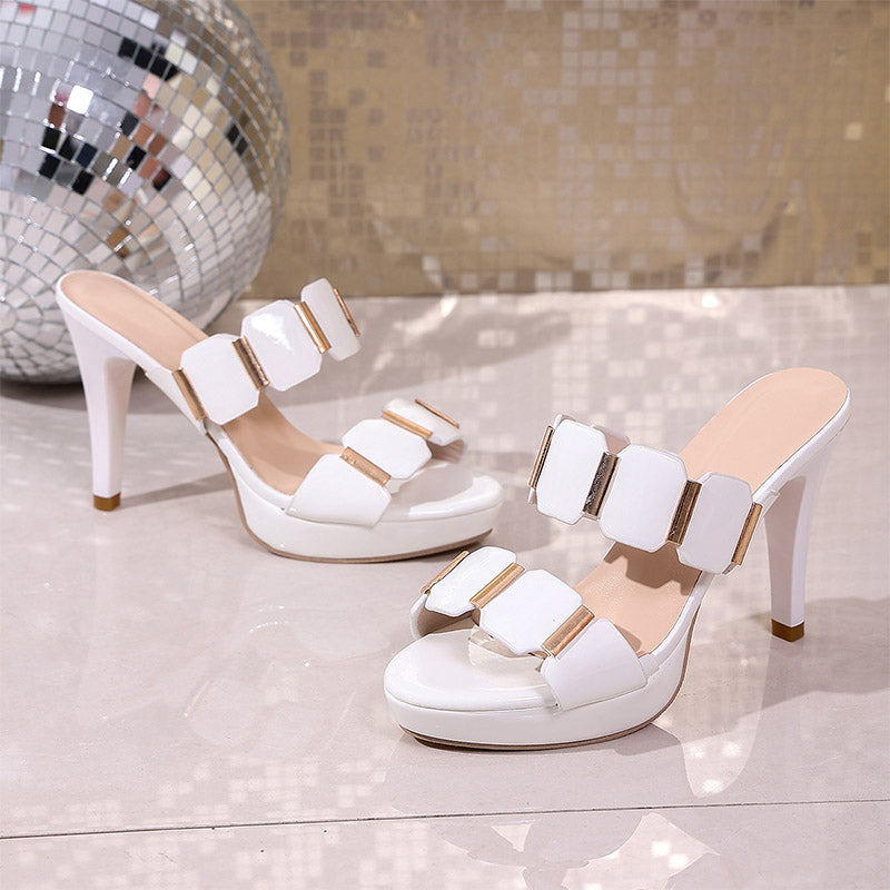 Geometric Gold Accent Platform Heeled Mules