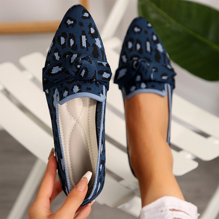 Leopard Print Bow Knit Flats
