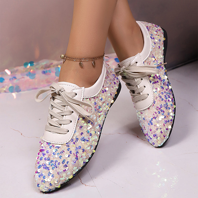 Sparkling Sequin Lace-Up Flat Shoes