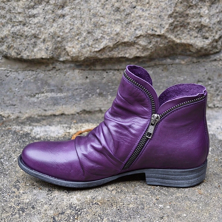 Side-zip ruched low-heel vintage ankle boots