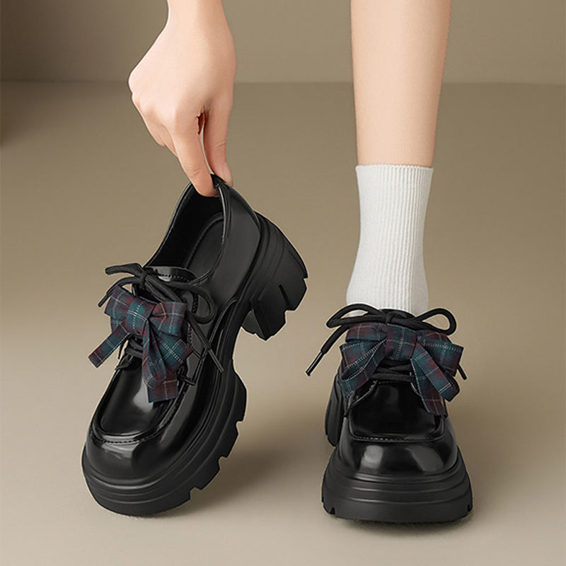 Plaid Bow Chunky Platform Loafers