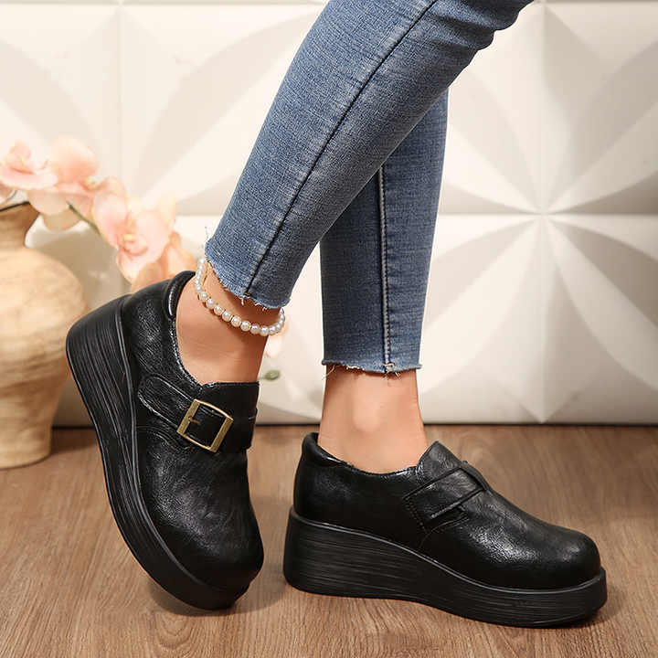 Vintage Buckle Platform Slip-On Shoes