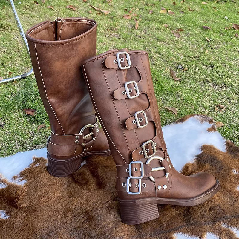 Vintage Multi-Buckle Knee-High Boots