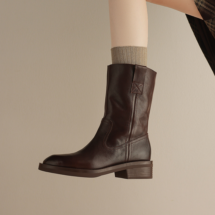 Classic Brown Mid-Calf Block Heel Boots
