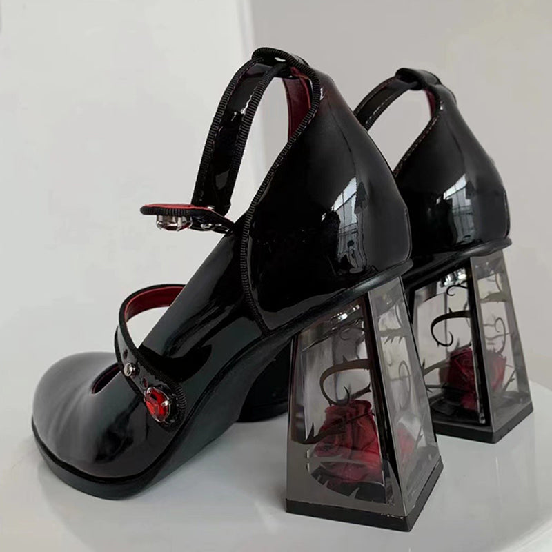 Patent Leather Double Strap Block Heel Pumps