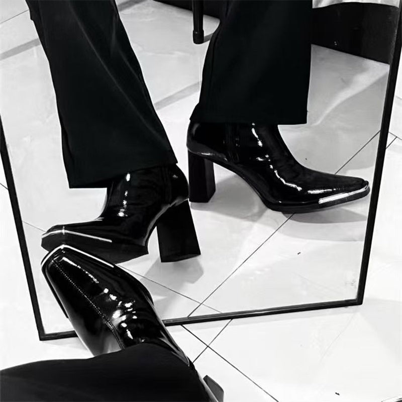 Glossy Patent Block Heel Ankle Boots
