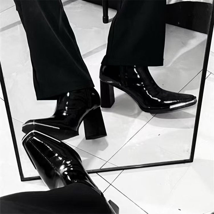 Glossy Patent Block Heel Ankle Boots