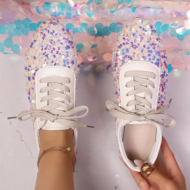 Sparkling Sequin Lace-Up Flat Shoes