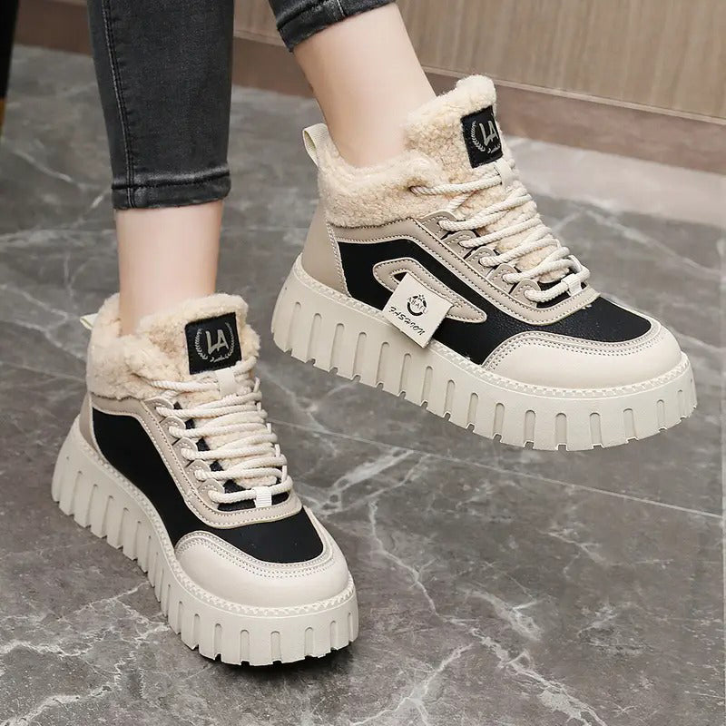 Faux Fur Lined Platform Lace-Up Ankle Boots