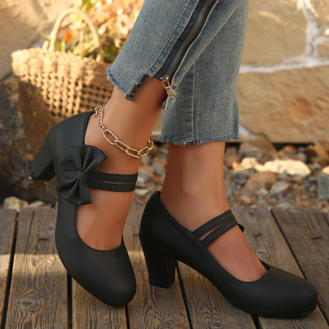 Bow Mary Jane Chunky Heel Shoes