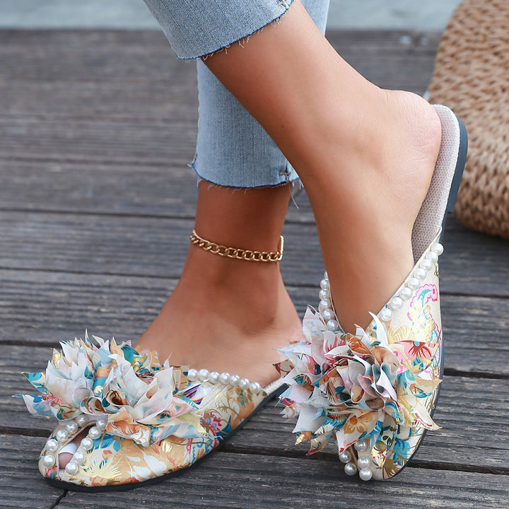 Pearl Flower Closed Toe Mule Flats